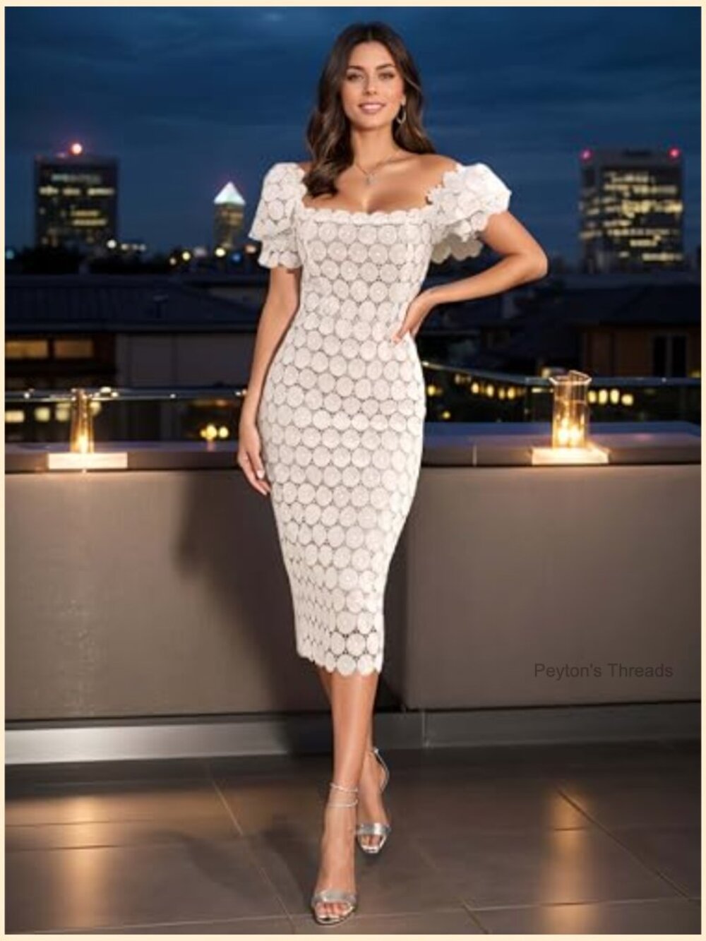 Romantic White Lace Midi Dress Bodycon Floral Sheer Wedding Guest Cocktail - Picture 6 of 7